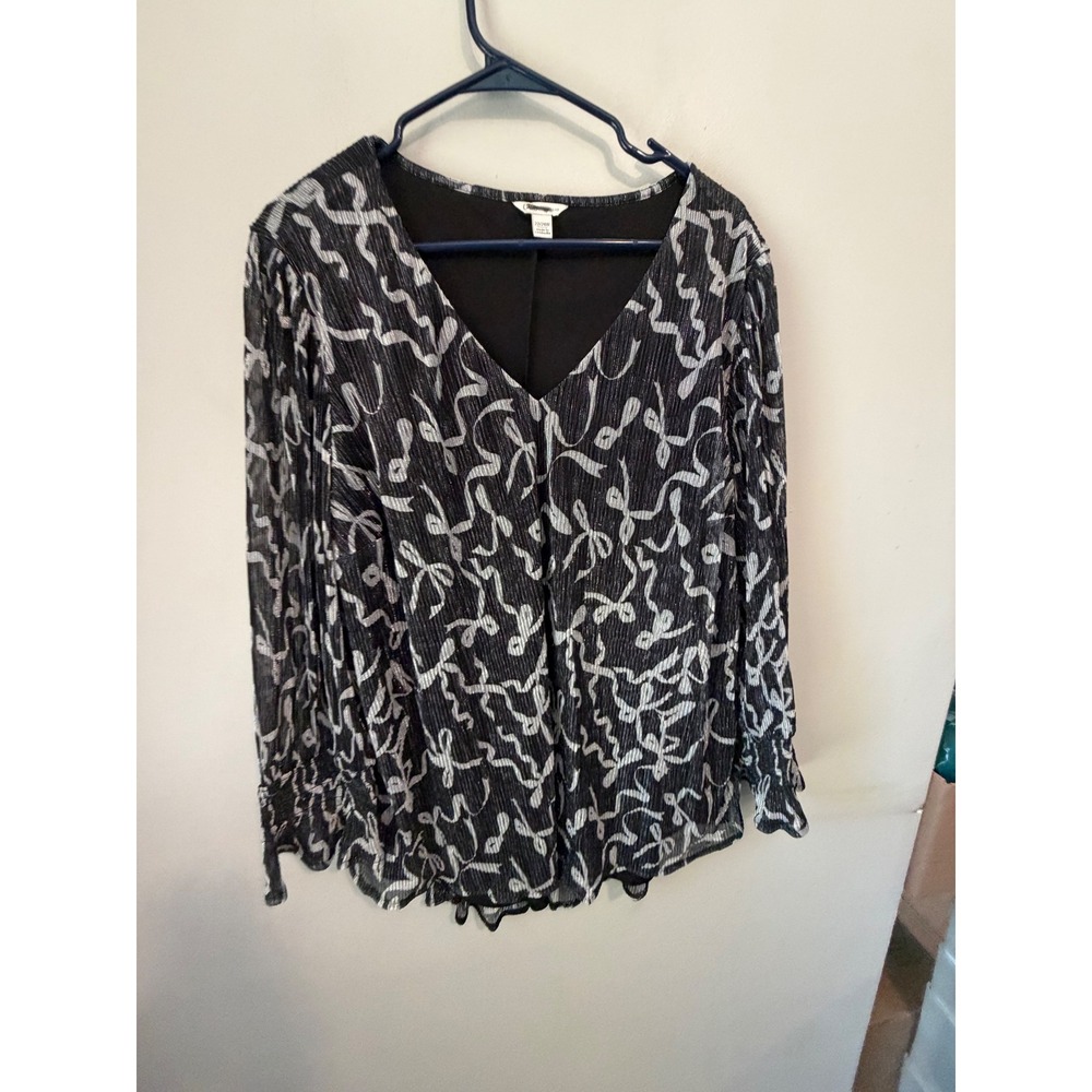 Catherines Black Silver Metallic V-Neck Blouse Smocked Cuff Plus Size 22/24W